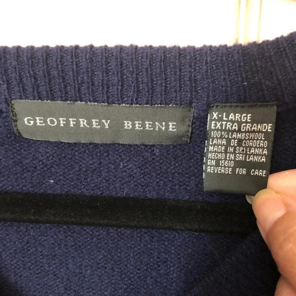 VTG Y2K100% Lambswool Geoffrey Beene Men V Neck Blue Cozy Sweater XL Stretch - Picture 4 of 4